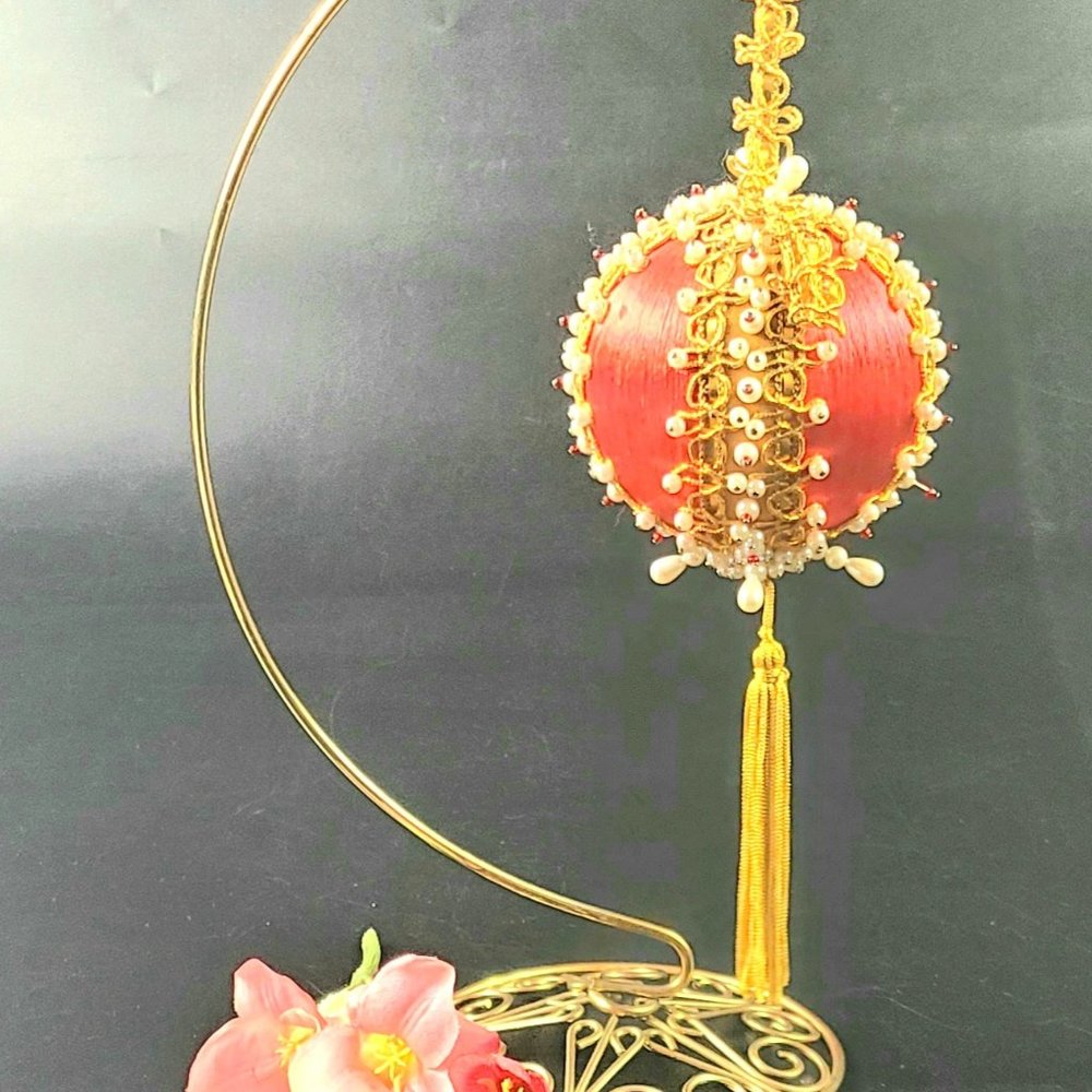 Vintage-3.5" Diameter- Handmade Beaded/ Lace Decorated Christmas Ornaments - Red
